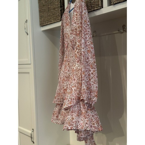 Japna Pink/Peach Floral Print Long Sleeve Tiered Faux Wrap Mini Dress, Sz Small - Picture 5 of 8